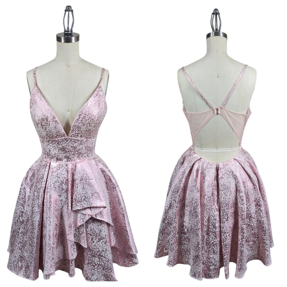 Rachel Allan Metallic Jacquard Homecoming Dress sz 2 Pink Ruffle Glitz Cocktail